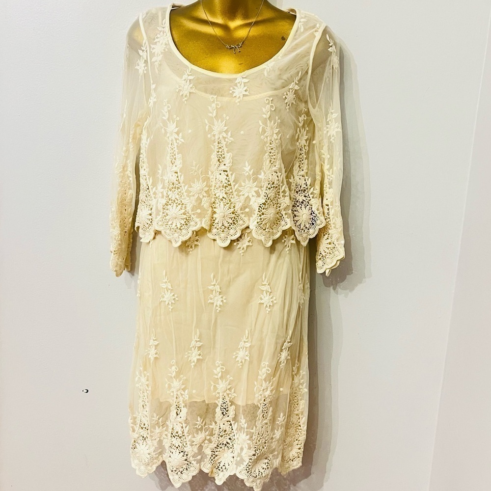 ZARA Boho Lace Long Sleeve Dress – Cream Ivory Sheer Floral – Size Small - Picture 4 of 7